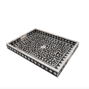 Handmade <b>Black</b> And White Mother Of Pearl Inlay Serving Tray Floral Design Mop Decorative Platter For Coffee Table Home Decor - Product Image 1