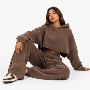 Conjunto Deportivo de Sudadera con Capucha Corta y Pantalones Anchos de Felpa Francesa para Mujer, Marca ONE APEX, Color Marrón, 100% Algodón - Product Image 6