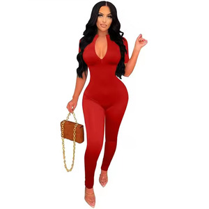 Combinaison moulante rouge pour femme, col en V, taille haute, manches courtes, en Spandex et Polyester, tenue de club sexy - Product Image 1