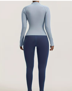 Ensemble 2 pièces sportif bleu clair pour femme, haut zippé à manches longues avec blocs de couleur, leggings assortis à taille marine, tricoté respirant - Product Image 2