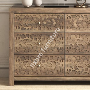 Luxury Handcrafted Solid Wood 6 Drawer Dresser Ornate Lattice Floral Carving Natural Walnut Finish - Product Image 4