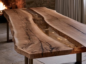 Table à manger en bois avec pieds en métal, style rustique, incrustation en résine époxy faite à la main, plateau rectangulaire moderne - Product Image 2