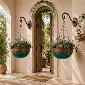 Moradaband Art Metal Ware – Pots de fleurs suspendus en fer durable, émaillés bleu sarcelle, minimalistes, circulaires, bicolores, pour l'extérieur - Product Image 1