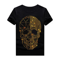 Kaos T-Shirt Streetwear Ukuran Besar Custom Bordir Tengkorak Berhias Kristal, Kerah O, Lengan Pendek, MOQ Rendah, Grosir