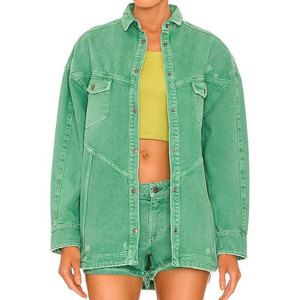 Chemise-veste en jean vert pour femme, manches longues, col rabattu, style utilitaire, respirante, longueur intégrale, poche plaquée en coton, idéale pour l'été - Product Image 2