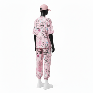 Ensemble deux pièces pour femmes, t-shirt en coton et polyester de haute qualité, 180 GSM, léger, imprimé graphique rose, logo personnalisé, ensembles pour femmes - Product Image 5