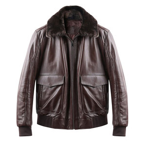 Chaqueta de cuero marrón para hombre con cuello de piel de oveja, talla grande, estilo motero, cierre de cremallera, informal elegante para otoño/invierno - Product Image 1
