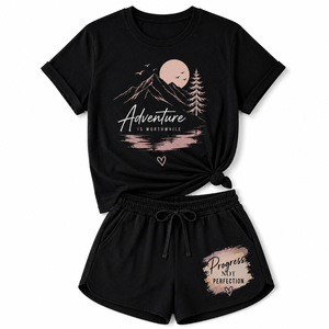 Women's High Quality Black Cotton Printed O-Neck T-Shirt Shorts <b>Set</b> Casual Breathable Knitted Short Sleeve Summer Inspirational - Product Image 3