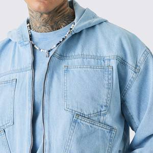 Sweat à capuche zippé en jean délavé et brodé pour homme, design mode hiver, manches longues, avec impression de logo personnalisé pour garçons - Product Image 2