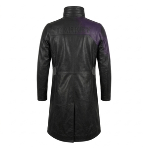 Manteau trench en cuir véritable noir pour homme, avec panneau violet personnalisé sur la poitrine, fermeture éclair décalée, col montant, fabricant B2B - Product Image 2