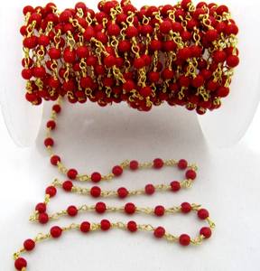 Coral Quartz Plain Smooth Round 3mm ball shape beaded <b>Wire</b> Wrapped Chain - Product Image 3