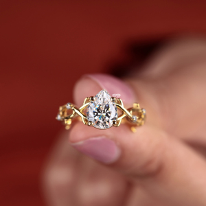 Nature Inspired Pear Cut Lab Grown Diamond Engagement Ring 14K Gold Vintage Style 1.56ct Total Carat Weight <b>Bridal</b> Anniversary - Product Image 5