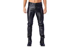 Men's <b>Black</b> PU Coated Moto Biker Pants High Waist Zipper Fly Side <b>Pockets</b> Stretchy Fit Winter Style - Product Image 6