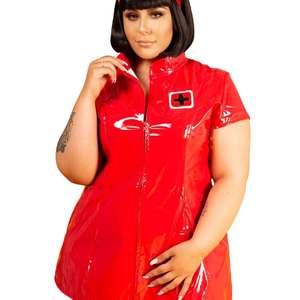 Robe moulante rouge en PU avec col mandarin, manches courtes, coupe ajustée, mini-robe unie pour soirée avec poches - Product Image 2
