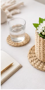 Sous-verre rond en bambou tressé fait main avec motif floral, écologique, pour la décoration de la cuisine et de la table basse - Product Image 6