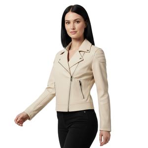 Cream Goatskin Leather Motorbike Jacket <b>Women</b> Custom Bulk Wholesale Factory Price Biker Style Ladies Fashion <b>Coat</b> OEM Service - Product Image 1
