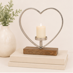 Luxury Silver Metal Heart Candle Holder With Rustic Solid Mango Wood Base Modern Romantic Pillar Tealight <b>Stand</b> For Wedding Use - Product Image 6