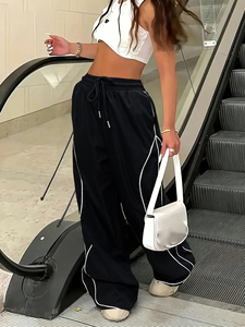 Casual Striped Contrasting Elastic Waist Workwear <b>Parachute</b> <b>Pants</b> Women's Mid-Rise Drawstring Wide Leg Loose Fit - Product Image 5