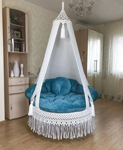 Hamac suspendu en macramé 72"x33" pour la décoration de la maison, balançoire suspendue en coton pour l'intérieur et l'extérieur, salle de jeux, patio, blanc et bleu - Product Image 2