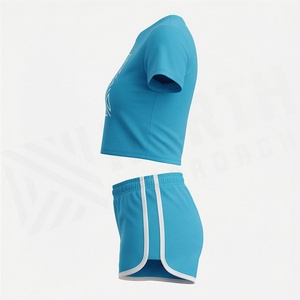 Ensemble sportif 2 pièces pour femmes, haut court à manches courtes et short au-dessus du genou, imprimé géométrique, séchage rapide, bleu, tenue d'été - Product Image 3