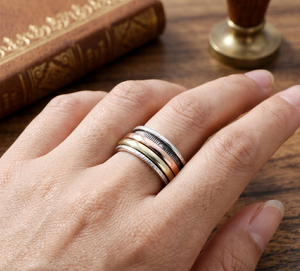 Bague tournante texturée à trois tons en argent sterling 925 faite à la main |   Bijoux fins pour femmes, cadeau pour soulager l'anxiété et favoriser la méditation - Product Image 6