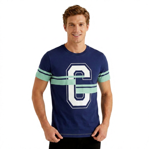 Men's <b>Navy</b> Blue Short Sleeve T-Shirt With White Letter C Print And Red Stripes Contrast Trim Casual O-Neck Design - Product Image 2
