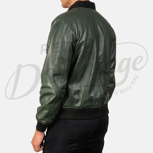 Men Dark Green Genuine <b>Leather</b> Bomber <b>Jacket</b> Slim Fit Casual Outerwear with Ribbed Trim and Zippered Side Pockets - Product Image 6