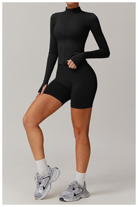 Ensemble de yoga 3 pièces bleu : haut court à col roulé, leggings taille haute, longueur intégrale, sans couture, avec fermeture éclair, respirant, en Spandex et Polyester - Product Image 5