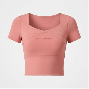 North Approach <b>Pink</b> Square Neck <b>Crop</b> <b>Top</b> Short Sleeve Seamless Yoga Wear Breathable Solid Women's Sportswear - Product Image 1