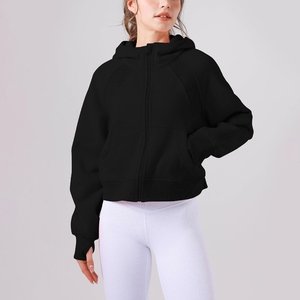 Women's Black Full <b>Zip</b> Hooded Sweatshirt Long Sleeve Solid Color Knitted Breathable Casual <b>Top</b> for Autumn Wear - Product Image 1
