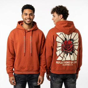 Sudadera con Capucha Oversize Naranja Personalizada para Hombre, con Hombros Caídos, Estampado de Rosas 'Reflejos de Amor' y Gráfico de Vidrio Roto, Estilo Urbano - Product Image 1