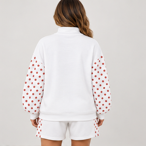 Women's White Polka Sleeve Fleece Mock Neck 2-Piece <b>Shorts</b> <b>Set</b> Drop Shoulder Sweatshirt Matching <b>Shorts</b> Custom Wholesale - Product Image 2
