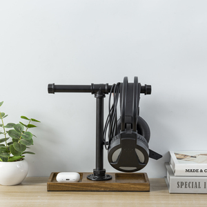 MyGift 2026 Must-Buy Industrial Dual Headphone <b>Stand</b> with Acacia Wood Base & Accessories Tray for <b>Gaming</b> & Office Desks - Product Image 6