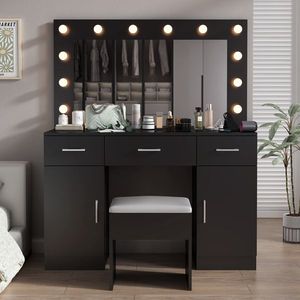 Large Lighted <b>Mirror</b> <b>Makeup</b> Vanity Desk Set with 3 Drawers 2 Cabinets Wood Top Vanity Table for Dressing Power Outlet Included - Product Image 1