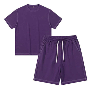 Ensemble t-shirt et short pour homme, bleu, col rond, couleur unie, coton tricoté, décontracté, été, respirant - Product Image 4