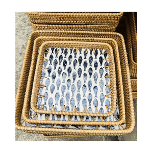 Handmade Rattan Tray with Shell Inlay Woven Decorative Serving Tray for <b>Hotel</b> <b>Restaurant</b> Resort Wholesale <b>Supply</b> - Product Image 1