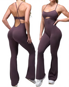 Women High Waist Full Length Yoga <b>Jumpsuit</b> Flared Leg Seamless Crisscross Straps Cut-Out Solid Color Spandex Polyester 1 Piece - Product Image 1