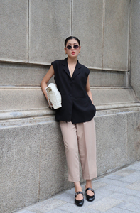 Conjunto de 2 piezas de chaleco sin mangas y blazer de mujer para oficina, estilo vietnamita, transpirable, tejido liso, con cuello de muesca y cuello en V, talla grande, para verano - Product Image 6