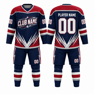 Ensemble de maillots de hockey personnalisés MEGAMAPLE, vêtements de sport pour hommes, noir, bleu, blanc, impression par transfert thermique, chauffe-mains, toutes saisons - Product Image 1