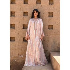 Two-piece Maxi <b>Kaftan</b> Crafted From Silk in a Pink Gold Silver Pattern V-neckline Flowy Wide Sleeves Natural Waist Pink Plain - Product Image 1