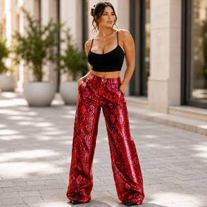 Pantalon en cuir de python gaufré de luxe pour femme, pantalon en cuir de serpent doré taille haute pour femme - Product Image 5