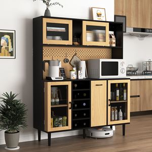 Buffet de cuisine style farmhouse de 59 pouces avec porte de rangement, prise électrique, bar à café, casier à vin et garde-manger - Product Image 2
