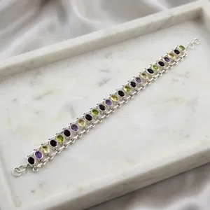 Pulsera de Plata de Ley 925 con Piedras Preciosas Multicolores, Hecha a Mano, con Amatista, Citrino, Peridoto y Cuarzo Ahumado, Joyería para Mujer - Product Image 4