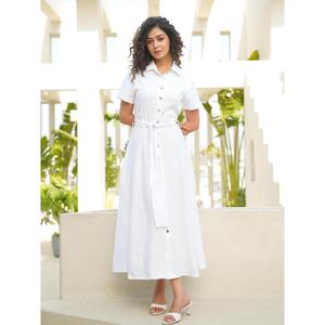 Vestido Largo Bohemio de Lino y Algodón Blanco para Mujer, Cuello Camisero, Botones al Frente, Cintura Ajustada con Cinturón, Estilo Fluido - Product Image 4