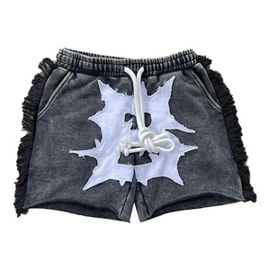 Modèle personnalisé brodé en détresse coton lavé à l'acide polaire franges latérales court chaud Bermuda en coton pour hommes - Product Image 1