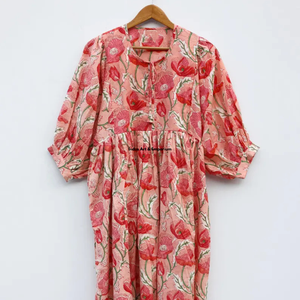 Belle robe d'été en coton à fleurs imprimées à la main pour femmes, vêtements décontractés, manches 3/4, séchage rapide - Product Image 2