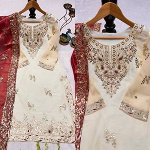 Women's Cream Embroidered Kurta With Maroon <b>Palazzo</b> <b>Pants</b> And Dupatta Traditional Indian Pakistani Wedding Outfit Loose Fit - Product Image 4