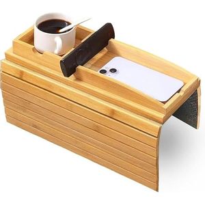 Vassoio Pieghevole in Bambù Naturale per Bracciolo del Divano, Antiscivolo e Impermeabile, con Portabicchieri e Vani Portaoggetti - Product Image 1