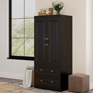 Armadio in legno nero alto armadio-2 ante armadio con asta di sospensione 2 cassetti ripiani - Product Image 2