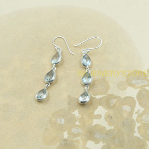Boucles d'oreilles pendantes en argent sterling 925 avec topaze bleue en forme de poire, faites à la main, bijoux pour femmes, cadeau pour maman, petite amie - Product Image 3